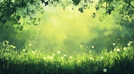 Fototapeta premium Enchanted forest meadow, sunlit greens