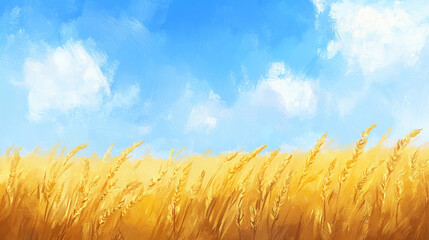 Golden wheat field stretches under a bright blue sky with fluffy clouds. Generative AI