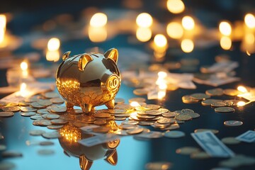 close-up golden piggy bank with scattered coins and bills on a reflective surface, concept of stock market, financial savings and economy