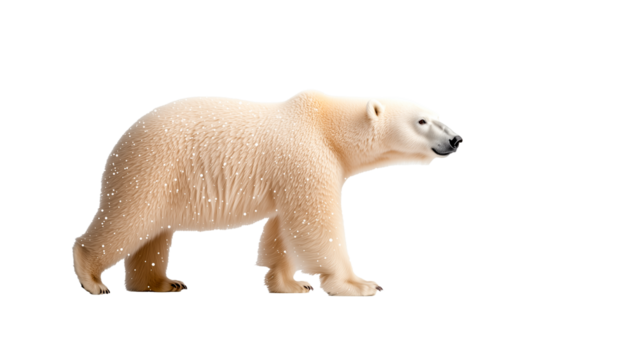 Polar bear walking across an icy landscape under bright light in a cold environment