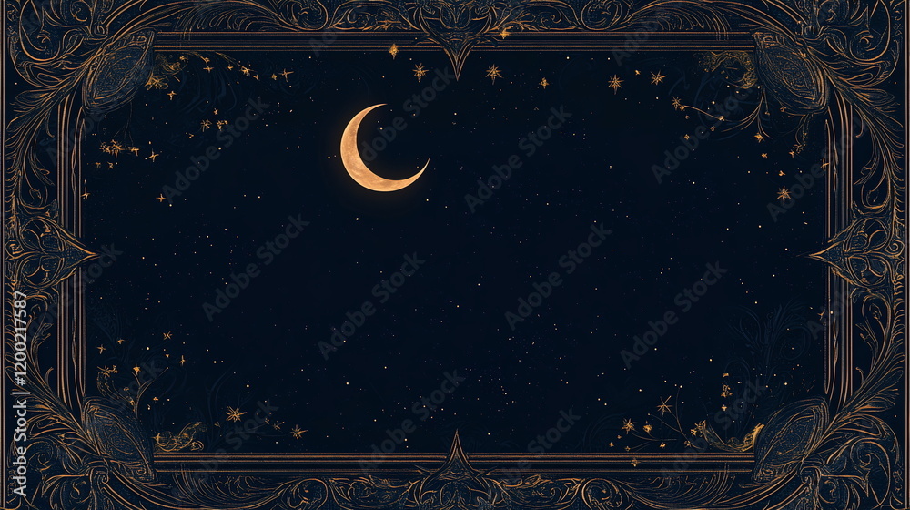Fototapete elegant ramadan background with a dark navy blue gradient, featuring a crescent moon and stars in go