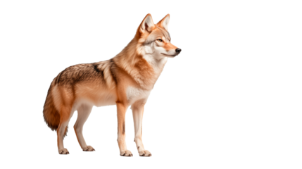 Wolf standing upright in an isolated setting against a white background in a neutral pose
