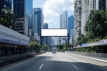 Fototapeta premium Urban Billboard Mockup for Effective Advertising in City Center - Versatile Banner Design with White Frame and Weather Adaptability