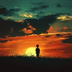 Obraz premium Silhouette of a Boy Walking at Sunset: An Artistic Representation of a Lost Soul Beneath the Vibrant Sky