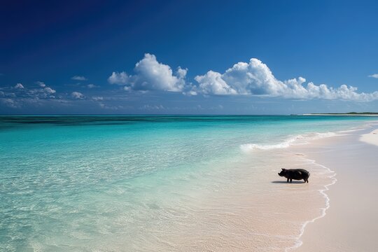 Vibrant Adventure: Playful Swimming Pig at Big Majors Cay Beach in the Beautiful Bahamas