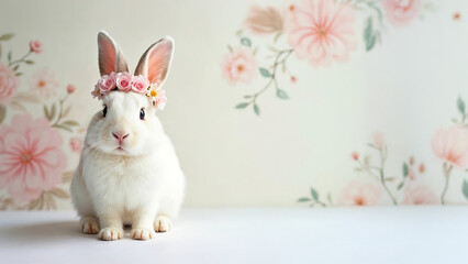 Obraz premium Cute Easter bunny rabbit with floral crown with spring flowers isolated in front of a wall with textured wallpaper in pastel colors