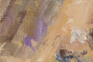 Beige brown oil painting background. Shades of the fashionable color of 2025 mocha mousse. Abstract authentic art background. The texture of the paint in close-up on the canvas, brush strokes. Macro