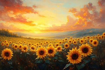Obraz premium Vivid Sunflower Field Painting at Sunset - Generative AI
