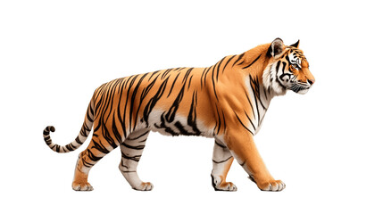 Obraz premium Elegant tiger walking gracefully in profile view against a plain white background