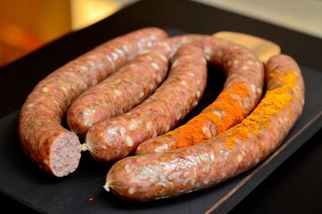 Fototapeta premium Flavorful artisan sausages prepared with vibrant spices on a wooden board in the kitchen