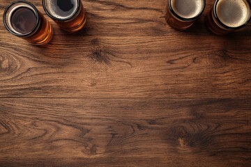 Rustic wooden table with a top view of beer glasses, showcasing warm textures and rich tones, ideal for brewery ads, drink menus, or pub promotions