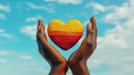 Close-up of an African American man's hands raised to the sky holding a tricolor heart against a blue sky. African American Black history month concept. Juneteenth Independence Day. Kwanzaa