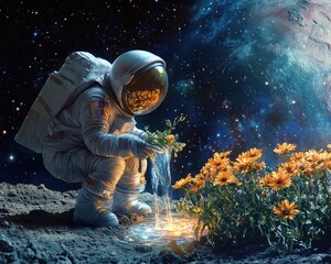 Astronaut Girl Nurturing Moon Flowers in a Whimsical Space Garden, Pouring Water Under a Starry Sky