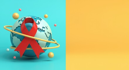 Globe with red ribbon symbolizing health campaign against yellow and teal background