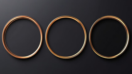 "Set of gold, rose gold, and black frame designs with an abstract 3D circle backdrop, perfect for cosmetic products. A collection of luxury geometric backgrounds with ample copy space, presented from 