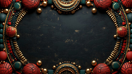 Symmetrical border with intricate patterns and textures, featuring red and green spherical elements, gold accents, and a central black space, which could be used as a decorative frame or background.