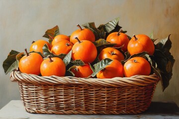 Bountiful Harvest: Fresh Ripe Persimmons Gathered in a Wicker Basket, Capturing the Essence of Autumn's Sweetness