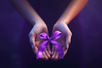 Hands holding Purple ribbons world cancer day concept, Alzheimer disease, Pancreatic cancer, Epilepsy awareness, domestic violence awareness, fibromyalgia awareness
