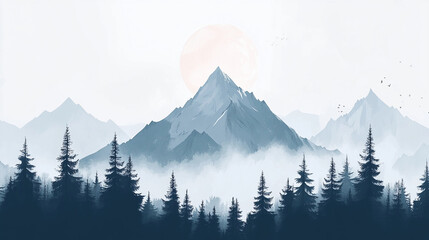 Fototapeta premium Silhouette of mountains and trees during a foggy sunrise in nature. Generative AI