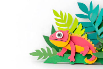 Fototapeta premium Colorful chameleon in the jungle, paper cut art style