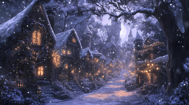 Winter wonderland village with snowfall and lights, creating a magical and inviting scene that evokes the joy and charm of the holiday season. Enchanted Winter Wonderland. Illustration