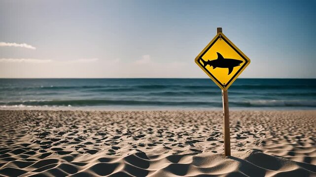Poster of sharks on a beach.