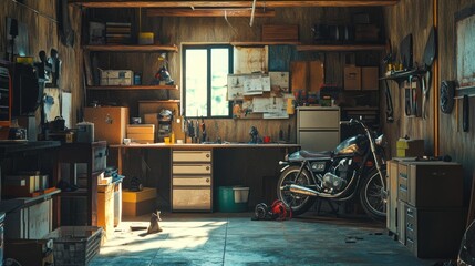 Rustic Garage Interior with Classic Motorcycle