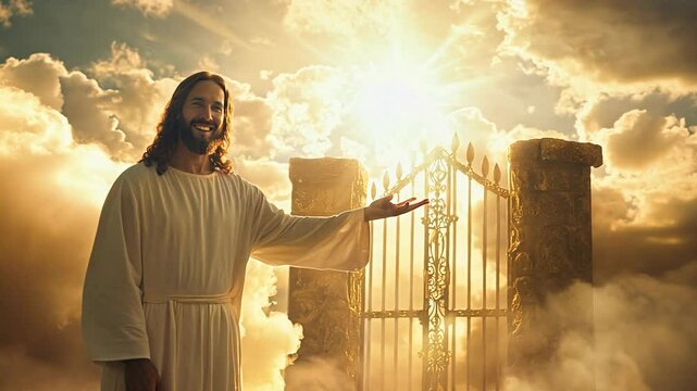 4k video of Jesus Christ welcoming at Pearly Gates at Heaven.