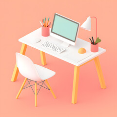 Isometric office desk with desktop computer and vacant empty chair. Free unoccupied workplace, workspace illustration