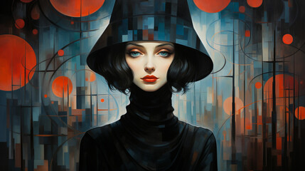 female portrait, Complex layers of shapes and lines,.Generative AI