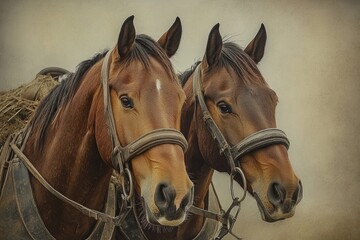 Obraz premium A Matched Pair of Draft Horses in Agricultural Setting: Strong Bay Animals with Bridles Ready for Ploughing