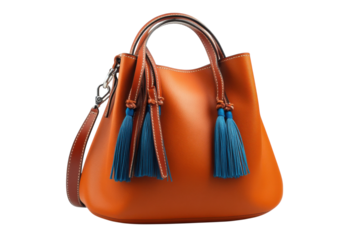 Stylish orange handbag with blue tassels perfect for casual outings or gatherings