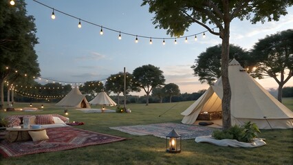 An inviting outdoor scene of a glamping setup at dusk