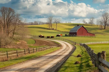 Selbstklebende Fototapeten Cows graze peacefully near a traditional red barn on a winding country road © Виталий Борковский