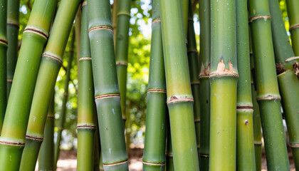 Fototapeta premium Lush green bamboo shoots in sunlit grove, nature's tranquility