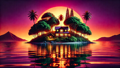 Tranquil Island Sunset with Cozy House and Silhouetted Trees