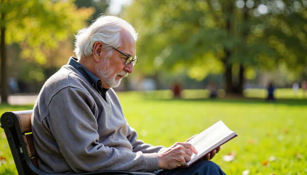Elderly man reading peacefully in park, the joy of knowledge