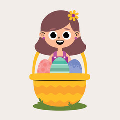 Child character of smiling Caucasian girl, brown hair, purple overalls and yellow flower inside yellow basket with some Easter eggs next to it on grass and light background.
