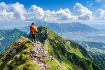 Fototapeta premium Hiker Standing Triumphantly on a Ridge, Surveying a Vast Valley and Mountain Panorama