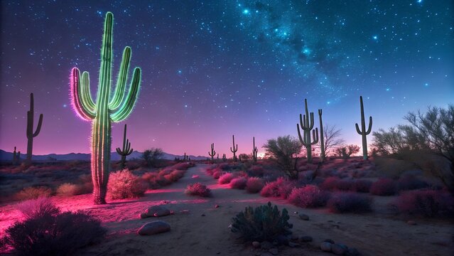 This image presents a captivating night scene in a desert landscape