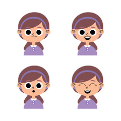 Caucasian girl child character, brown hair, purple sweater in pastel colors with different facial expressions, happy, joyful, surprised, scared and smiling.