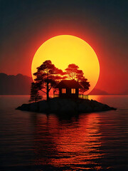 Sunset Behind Island Creating House and Tree Silhouettes