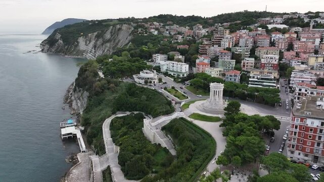 The video captures Monumento ai Caduti in Ancona, surrounded by greenery and walkways, situated along cliffs leading to the beach and the Adriatic Sea, with an urban landscape in the background.