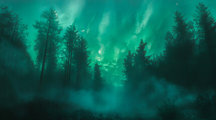Beautiful magical aurora borealis over forest. Northern lights.