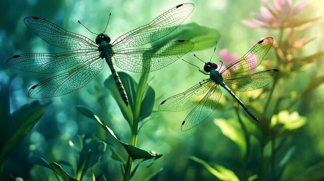 Dragonflies dance among vibrant foliage in a serene natural setting, dragonflies and natural beauty seamless ing time-lapse virtual video Background