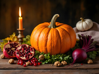 Rustic Harvest Still Life in Warm Autumn Colors with Traditional Fall Elements and Candlelight