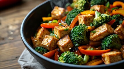 Quick vegan stir-fry with tofu, broccoli, and bell peppers, served steaming hot,