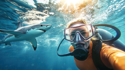Underwater selfie of a diver with a shark in the background, capturing an exciting moment with marine wildlife, concept of adventure