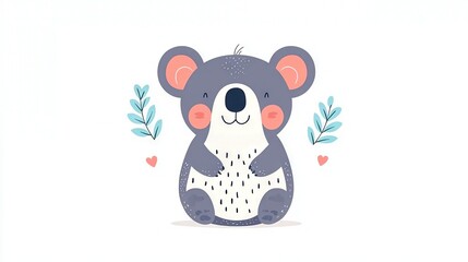 Fototapeta premium A charming koala bear rests on the ground, surrounded by leaves and adorned with a heart on its chest