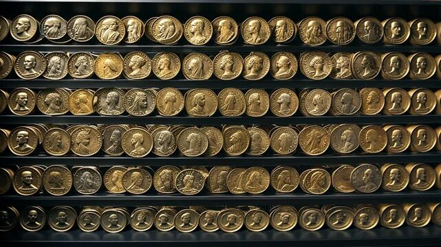 Roman coins in a museum in Rome.